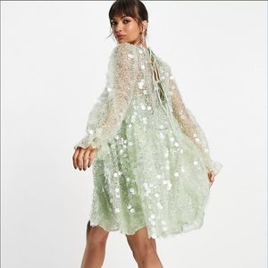 ISO-ASOS EDITION mini smock dress in embroidered sequin in mint green
